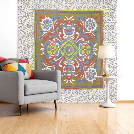 88" X 84" Green Red And White Floral Cotton Hanging Tapestry