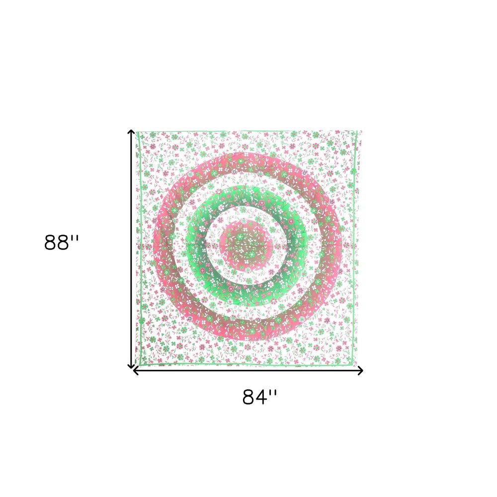 88" X 84" Green Red And White Floral Cotton Hanging Tapestry
