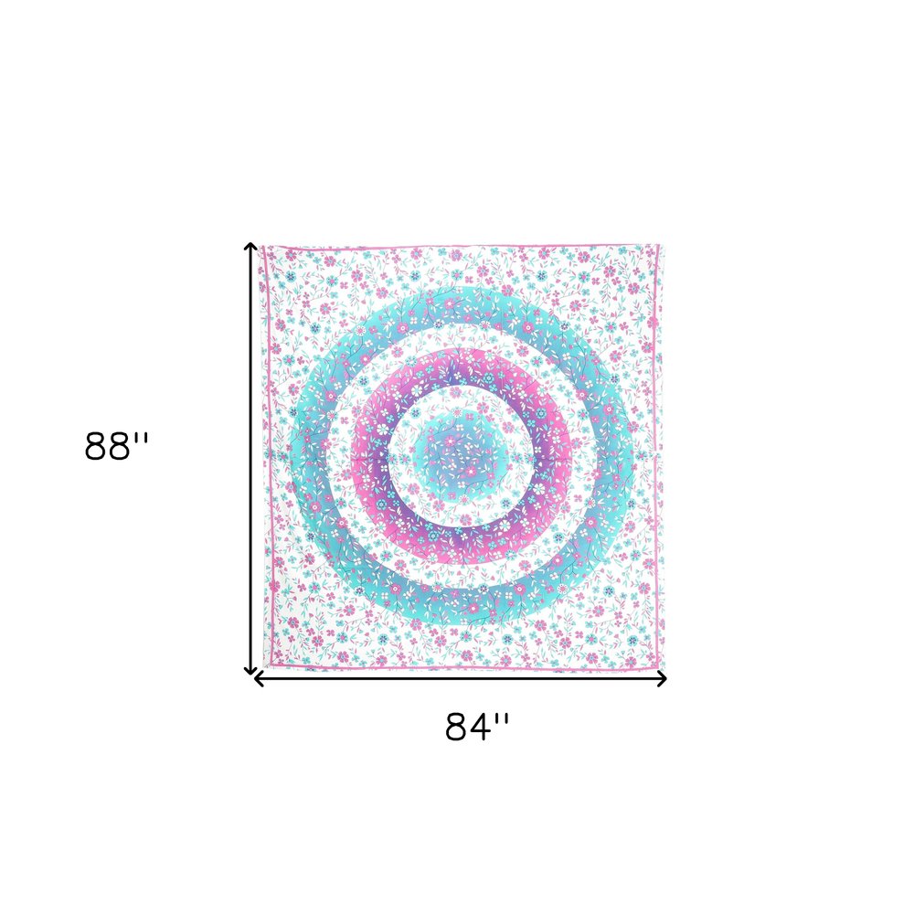 88" X 84" Pink Blue And White Floral Cotton Hanging Tapestry