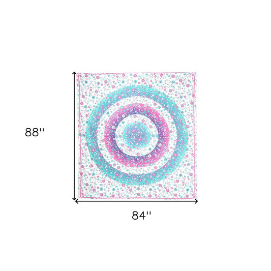 88" X 84" Pink Blue And White Floral Cotton Hanging Tapestry