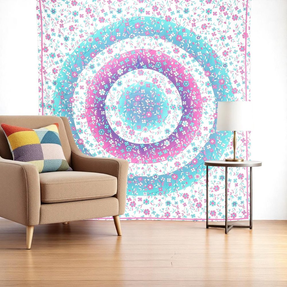 88" X 84" Pink Blue And White Floral Cotton Hanging Tapestry
