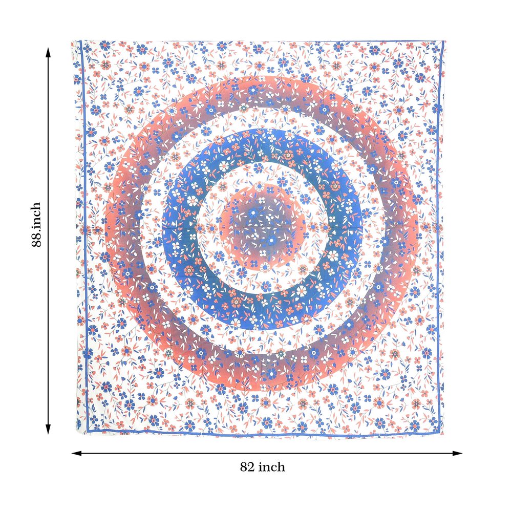 88" X 84" Blue White And Orange Floral Cotton Hanging Tapestry