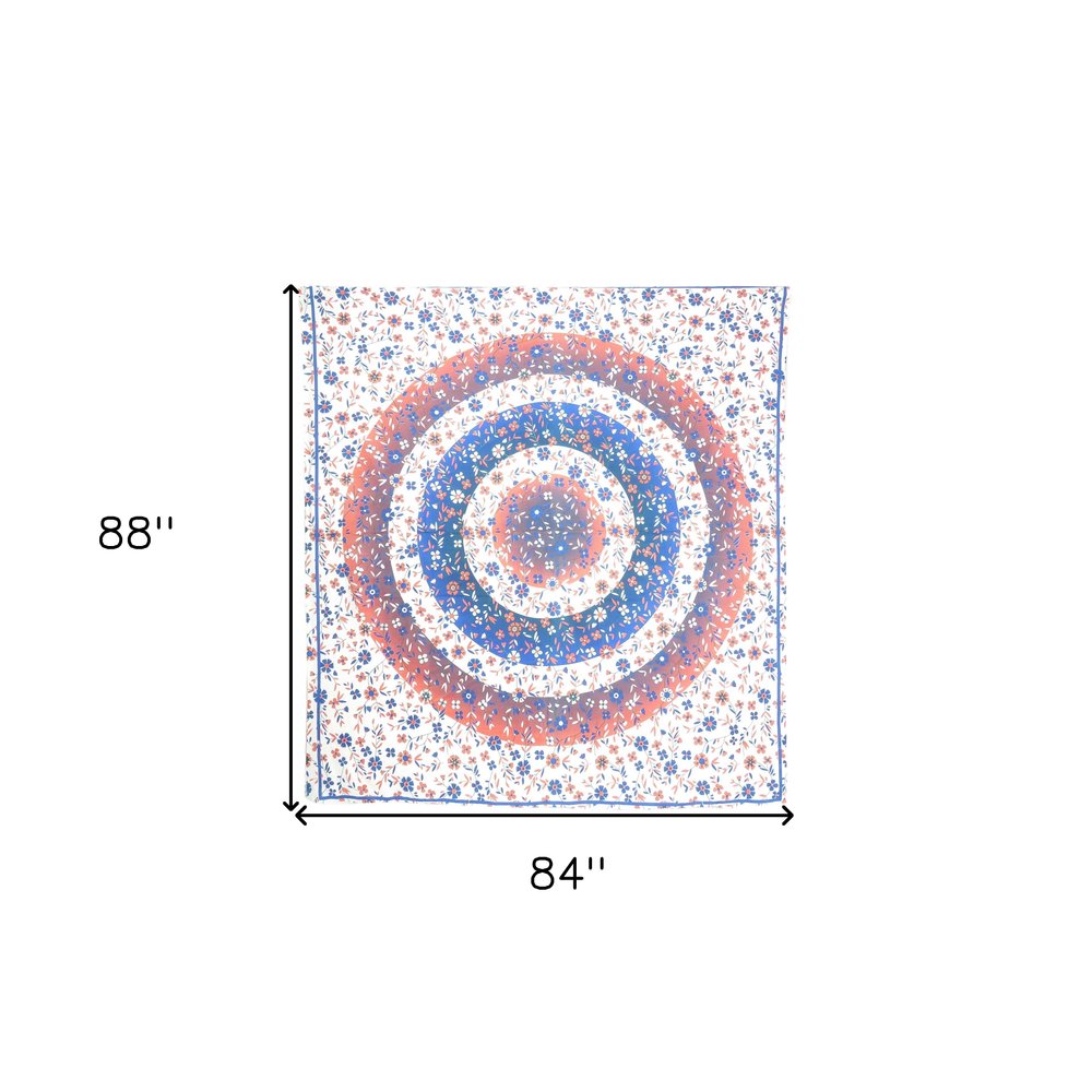 88" X 84" Blue White And Orange Floral Cotton Hanging Tapestry