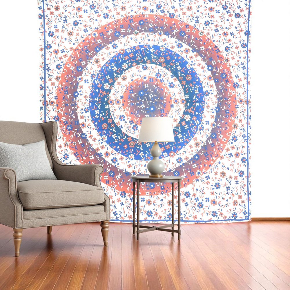 88" X 84" Blue White And Orange Floral Cotton Hanging Tapestry