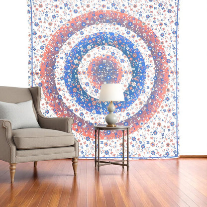 88" X 84" Blue White And Orange Floral Cotton Hanging Tapestry