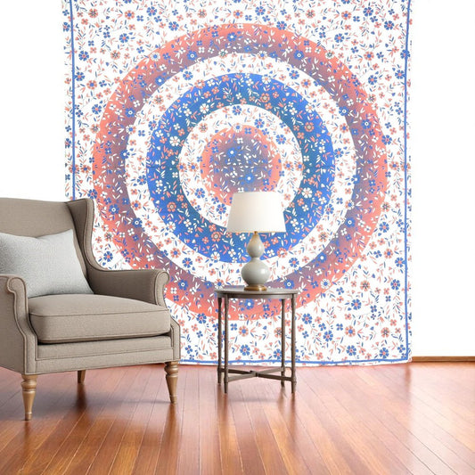 88" X 84" Blue White And Orange Floral Cotton Hanging Tapestry