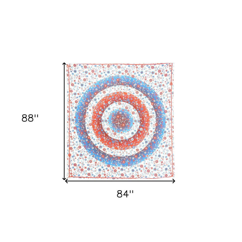 88" X 84" White Blue And Red Floral Cotton Hanging Tapestry