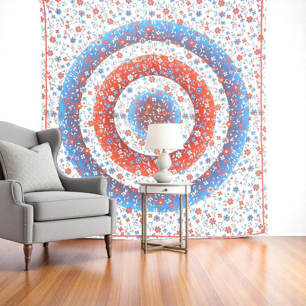 88" X 84" White Blue And Red Floral Cotton Hanging Tapestry