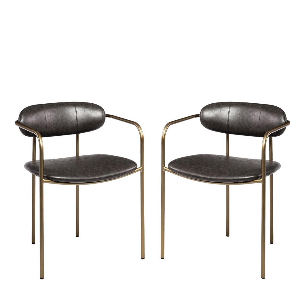 Set of Two Brown and Gold Upholstered Faux Leather Dining Arm Chairs