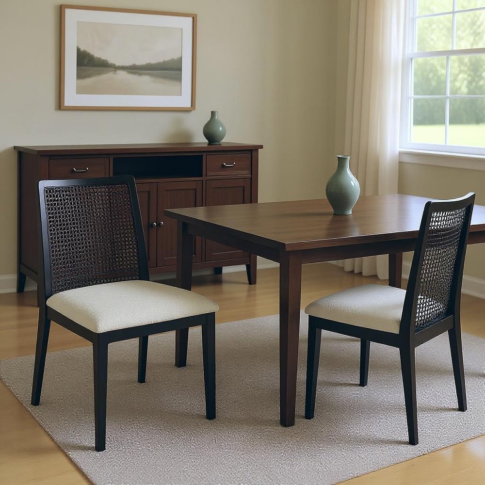 Set of Two Black Upholstered Fabric Cross Back Dining Side Chairs
