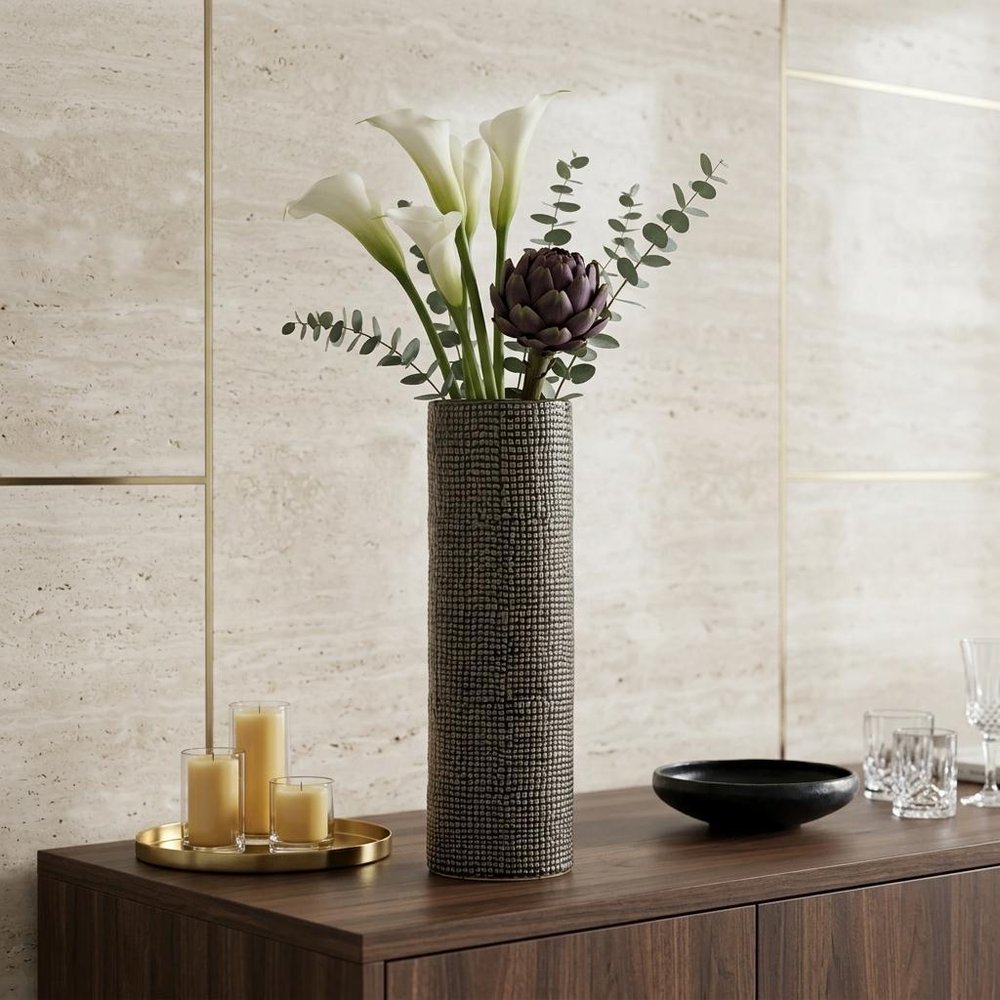 15" Black And Gold Abstract Cylinder Ceramic Table Vase