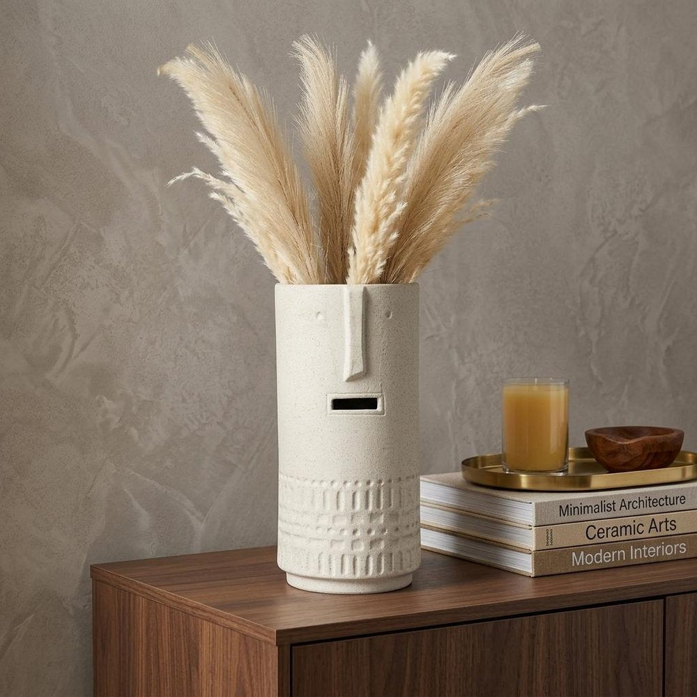 14" White Abstract Cylinder Ceramic Table Vase