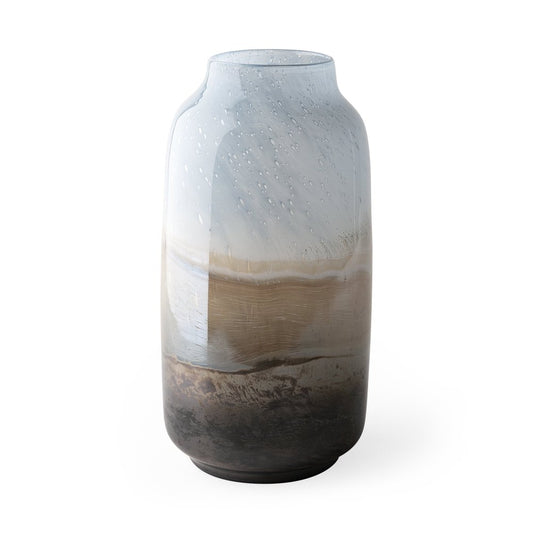 15" Blue And Beige Abstract Cylinder Crystal Glass Table Vase