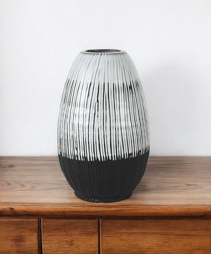 13" Black Gray And White Abstract Cylinder Ceramic Table Vase
