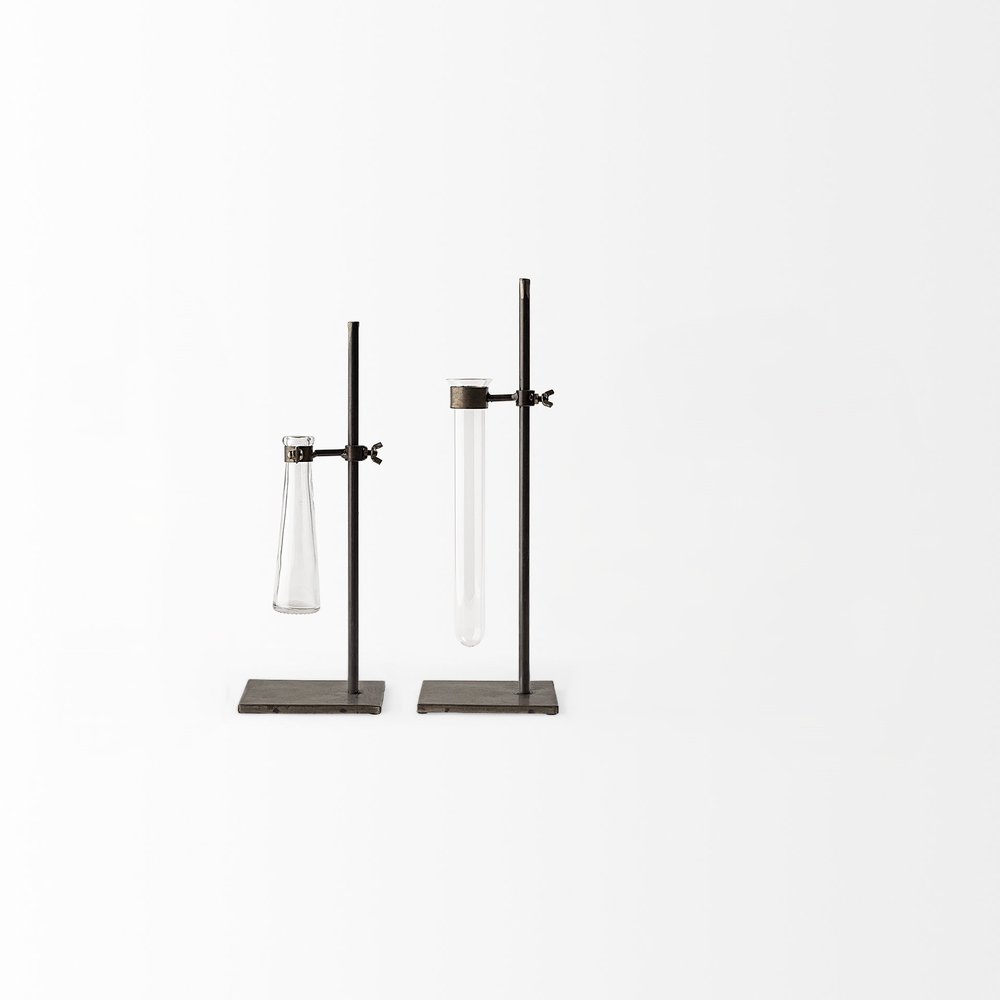 Set of Two Dark Brown Abstract Metal Cylinder Table Vases