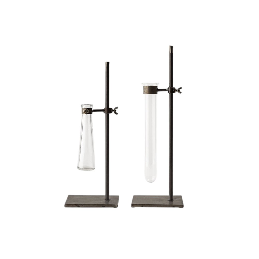 Set of Two Dark Brown Abstract Metal Cylinder Table Vases