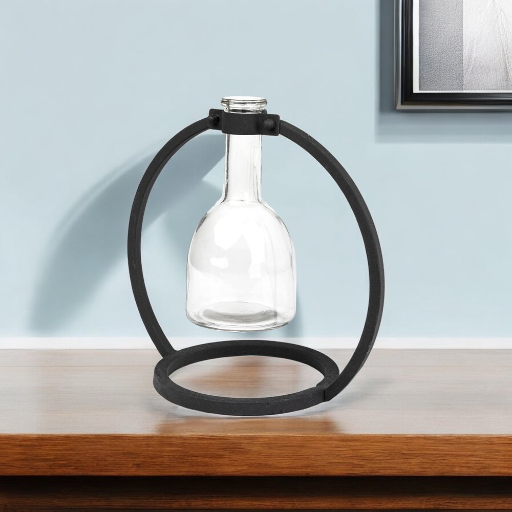 8" Clear and Black Glass and Metal Abstract Cylinder Table Vase