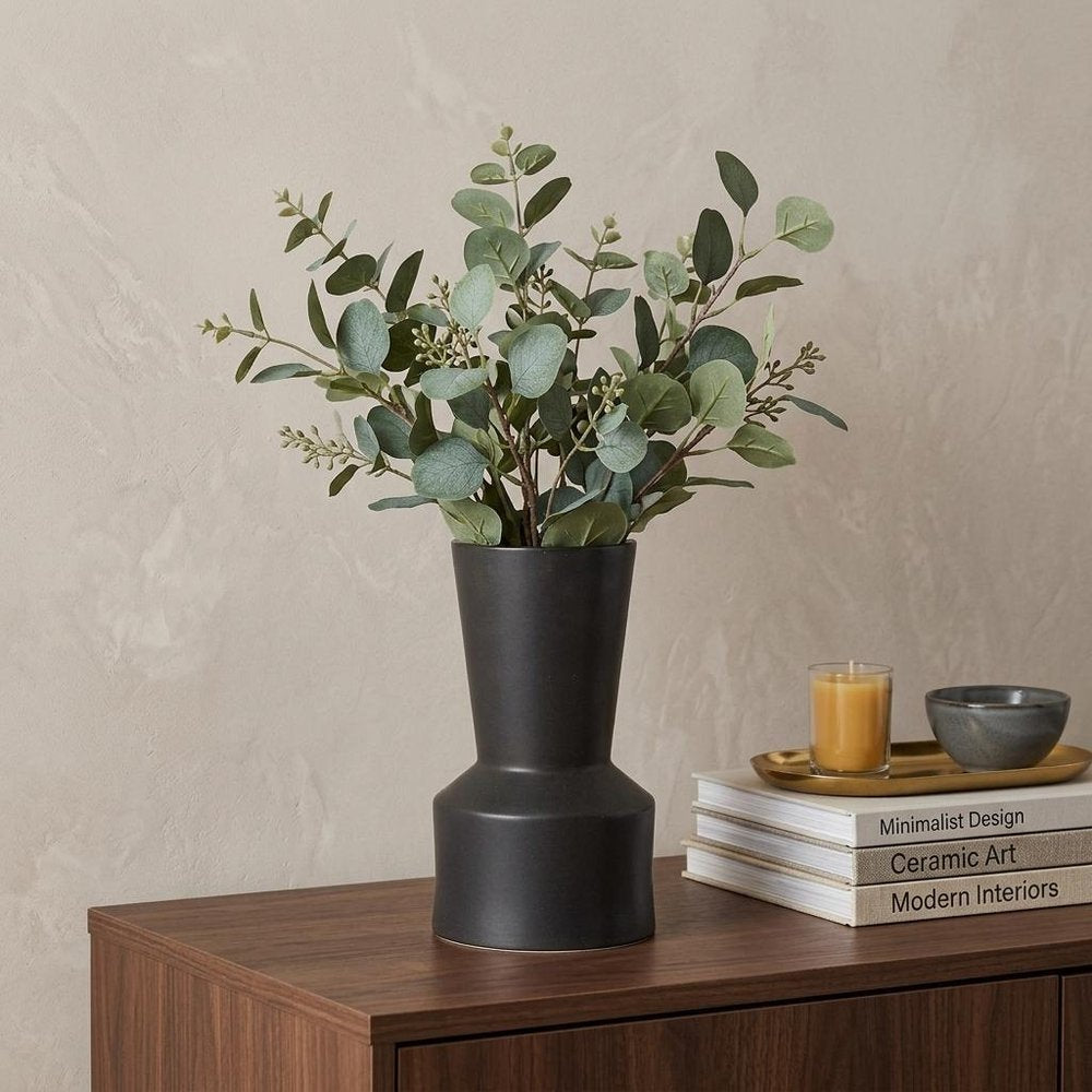 9" Black Abstract Cylinder Ceramic Table Vase