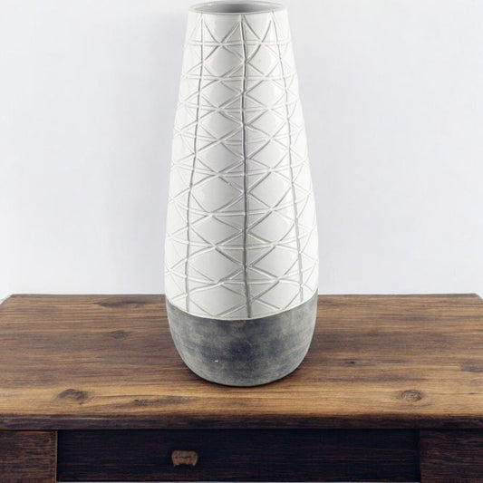 21" Gray And White Abstract Cylinder Ceramic Table Vase
