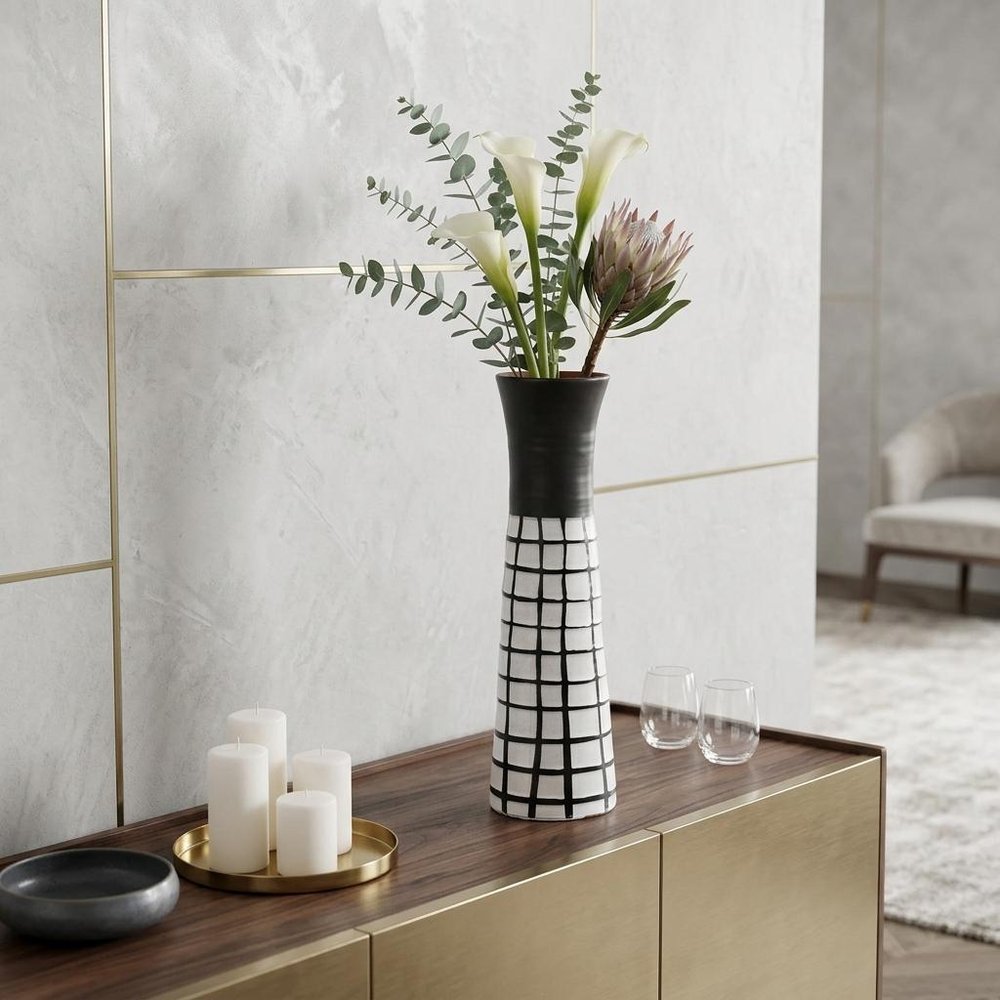 24" Black And White Abstract Cylinder Ceramic Table Vase