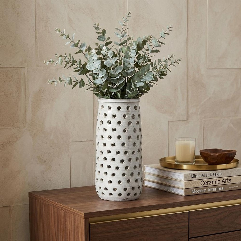 12" White Abstract Cylinder Ceramic Table Vase