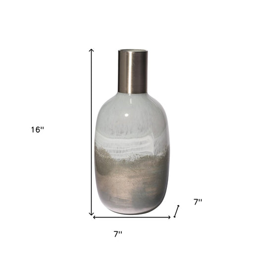16" Bronze And White Ombre Glass Cylinder Table Vase