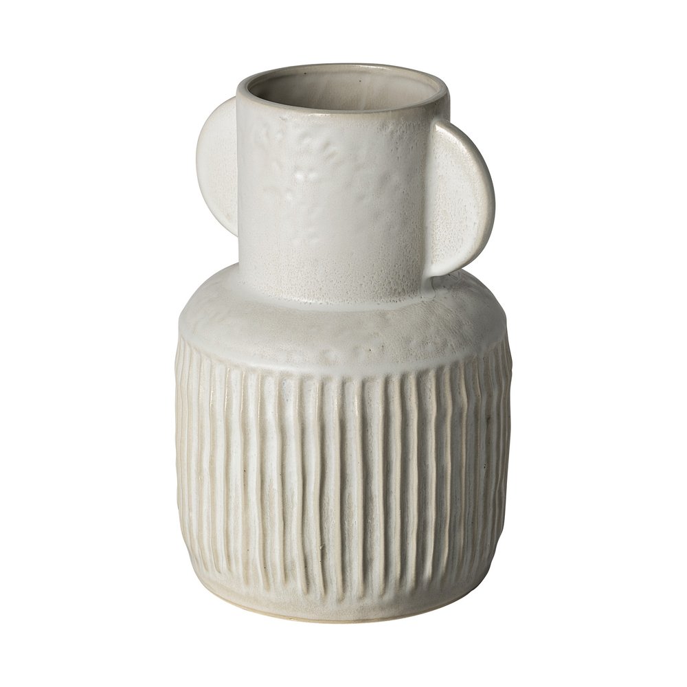 12" White Ribbed Cylinder Ceramic Table Vase