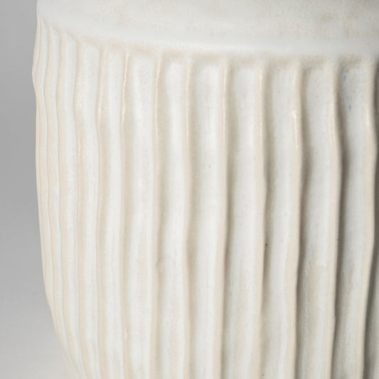 12" White Ribbed Cylinder Ceramic Table Vase