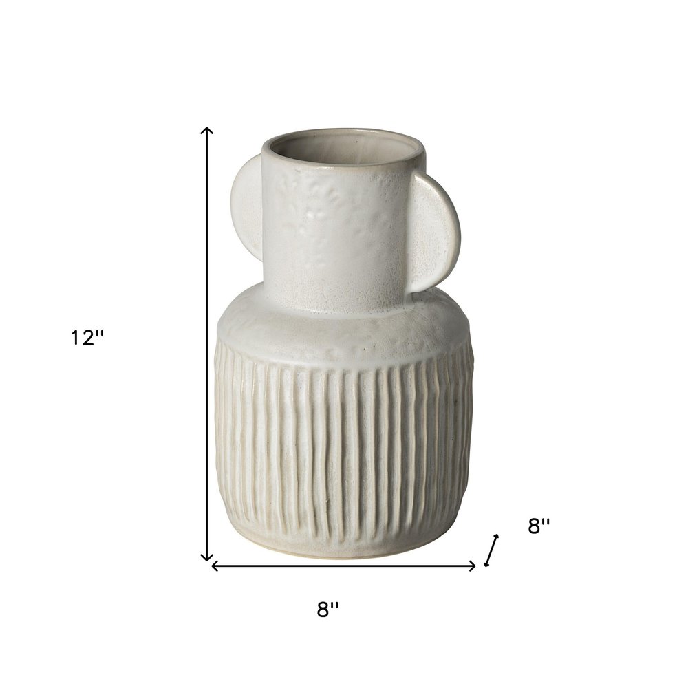 12" White Ribbed Cylinder Ceramic Table Vase