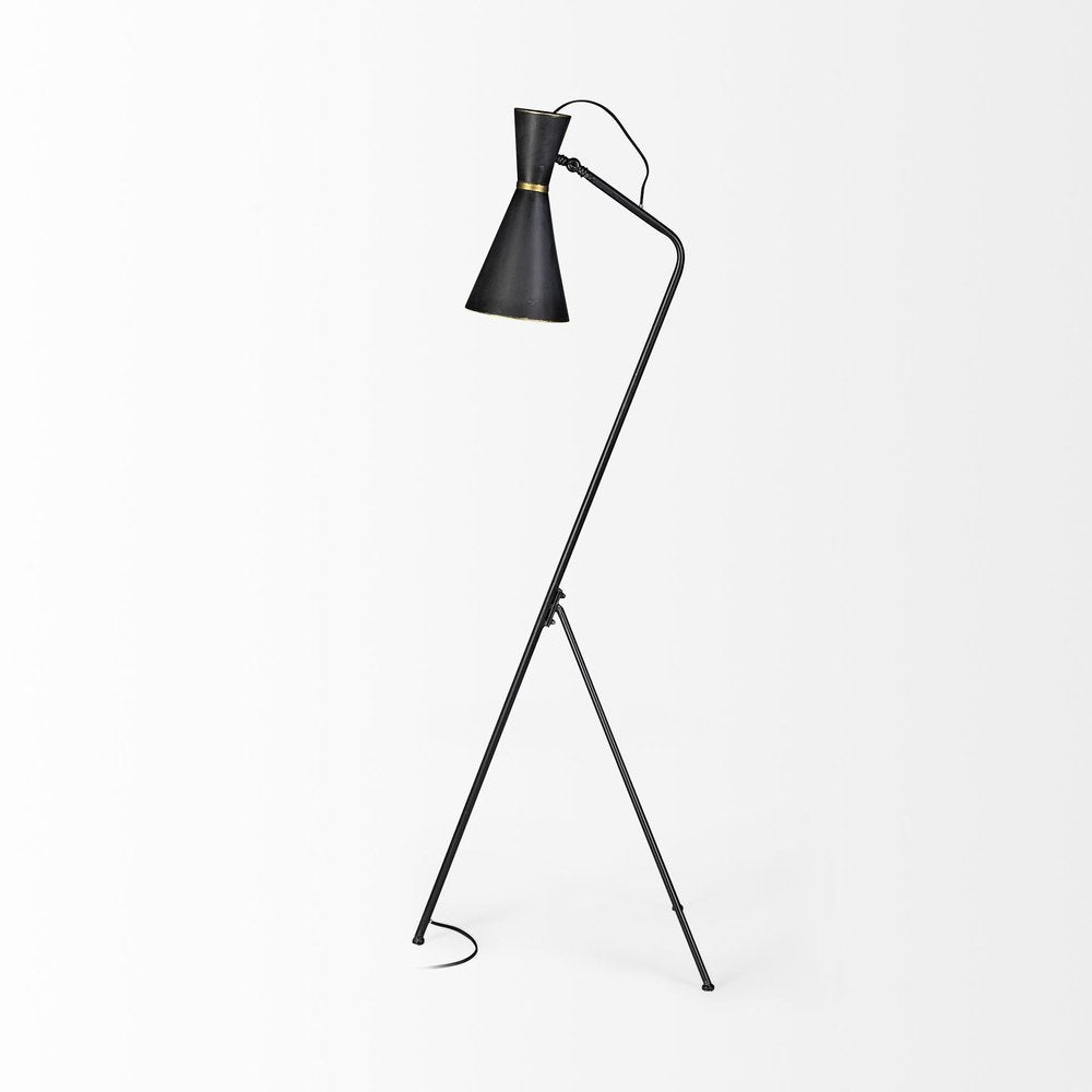 58" Black Metal Tripod Floor Lamp With Black And Gold Metal Cone Shade