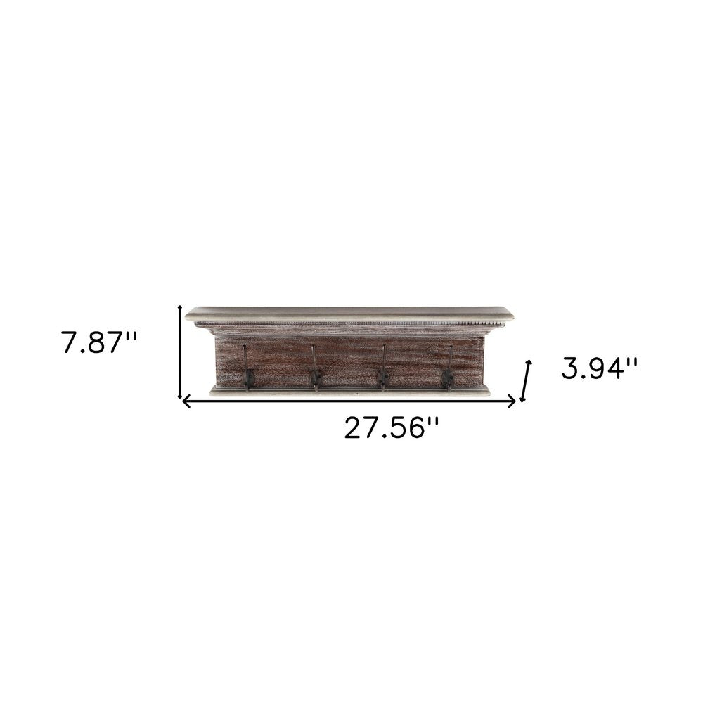 28" Brown Solid Wood Four Hook Wall Mount Coat Rack