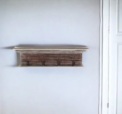 28" Brown Solid Wood Four Hook Wall Mount Coat Rack