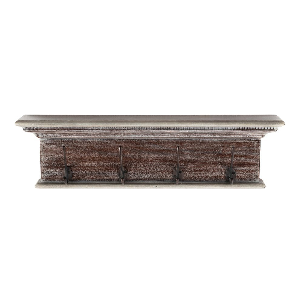 28" Brown Solid Wood Four Hook Wall Mount Coat Rack