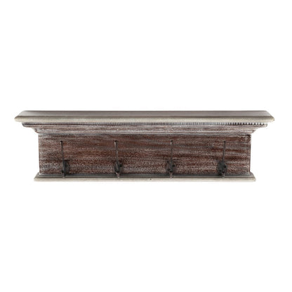 28" Brown Solid Wood Four Hook Wall Mount Coat Rack
