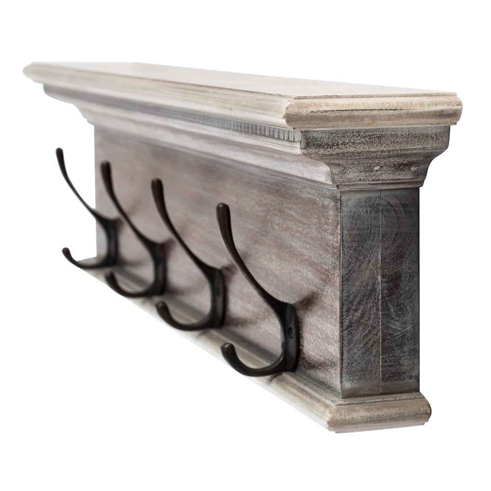 28" Brown Solid Wood Four Hook Wall Mount Coat Rack