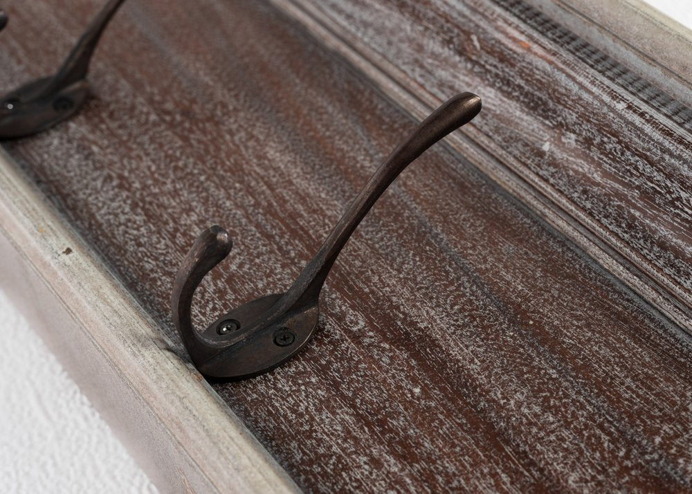 28" Brown Solid Wood Four Hook Wall Mount Coat Rack