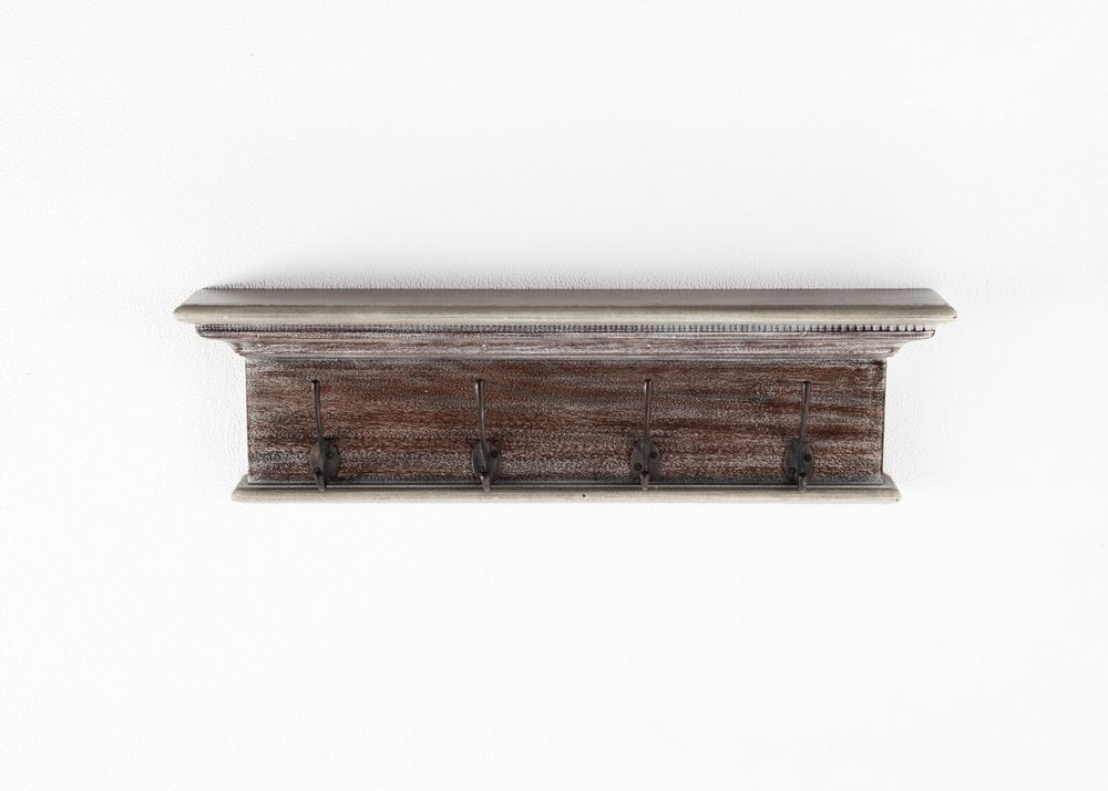 28" Brown Solid Wood Four Hook Wall Mount Coat Rack