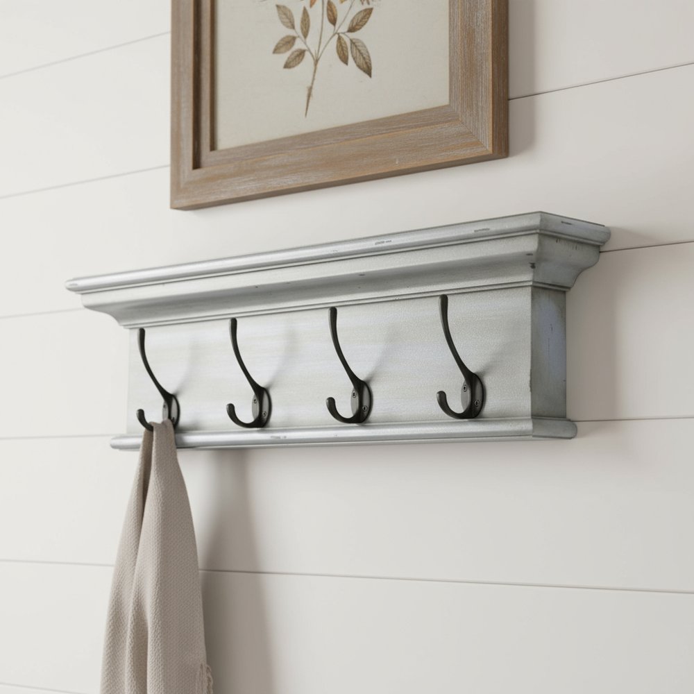 28" Black And Blue Solid Wood Four Hook Wall Mount Coat Rack