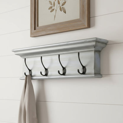 28" Black And Blue Solid Wood Four Hook Wall Mount Coat Rack