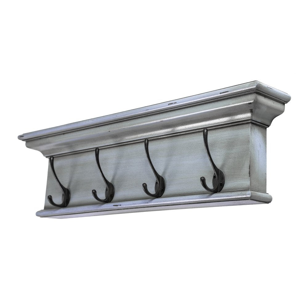 28" Black And Blue Solid Wood Four Hook Wall Mount Coat Rack