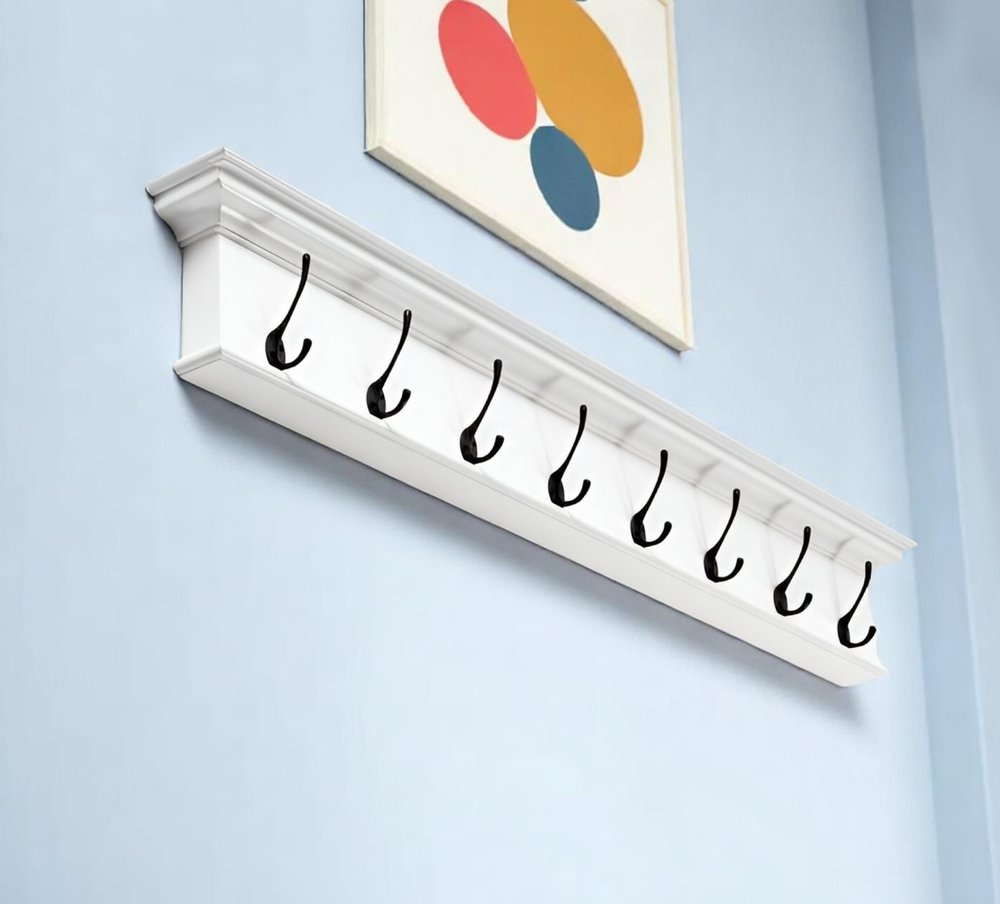 51" White Solid Wood Eight Hook Wall Mount Coat Rack