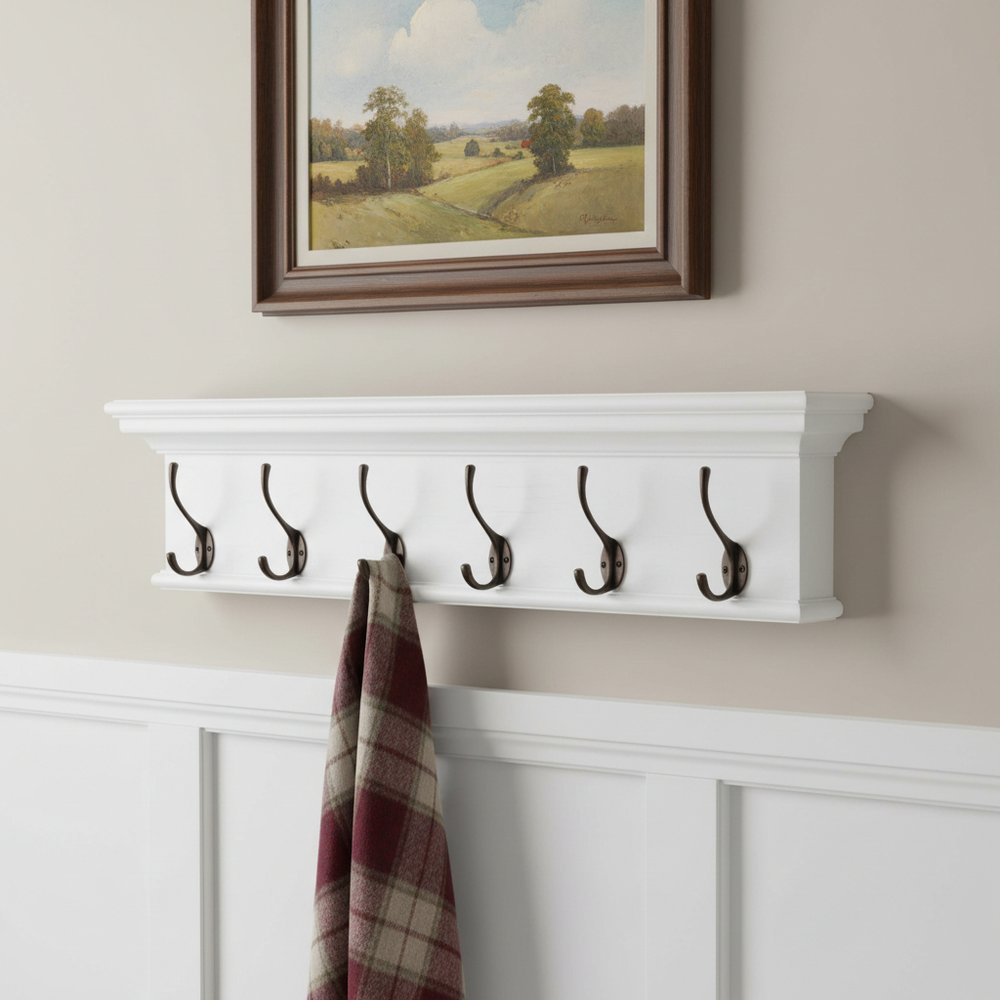39" Classic White Wood Six Hook Hanging Coat Rack
