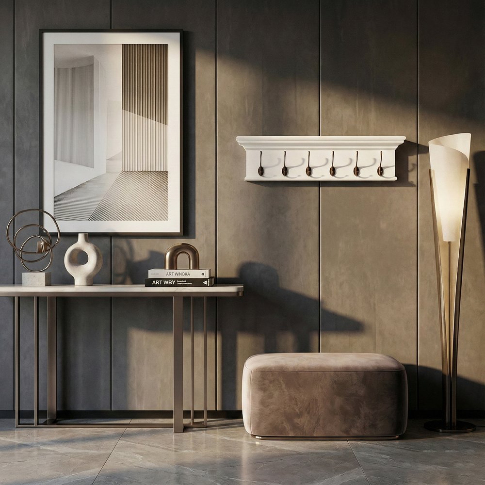 39" Classic White Wood Six Hook Hanging Coat Rack