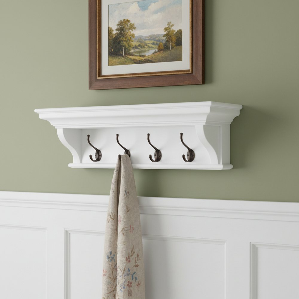 Classic White Wood Wide Four Hook Hanging Coat Rack