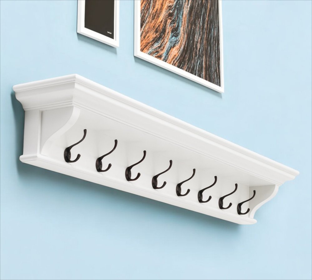 Classic White Wood Wide Eight Hook Coat Rack