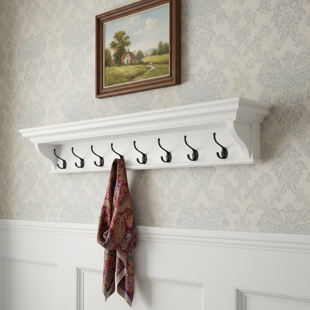 Classic White Wood Wide Eight Hook Coat Rack