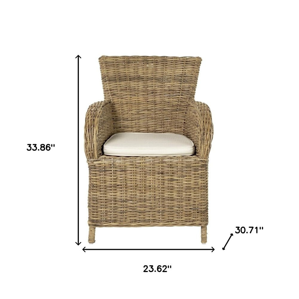 Set of Two Tan Textured Outdoor Dining Chairs with Beige Cushions