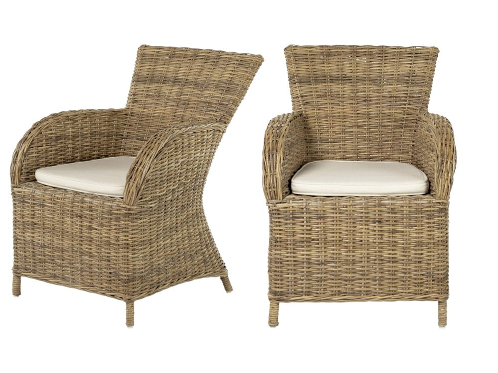 Set of Two Tan Textured Outdoor Dining Chairs with Beige Cushions
