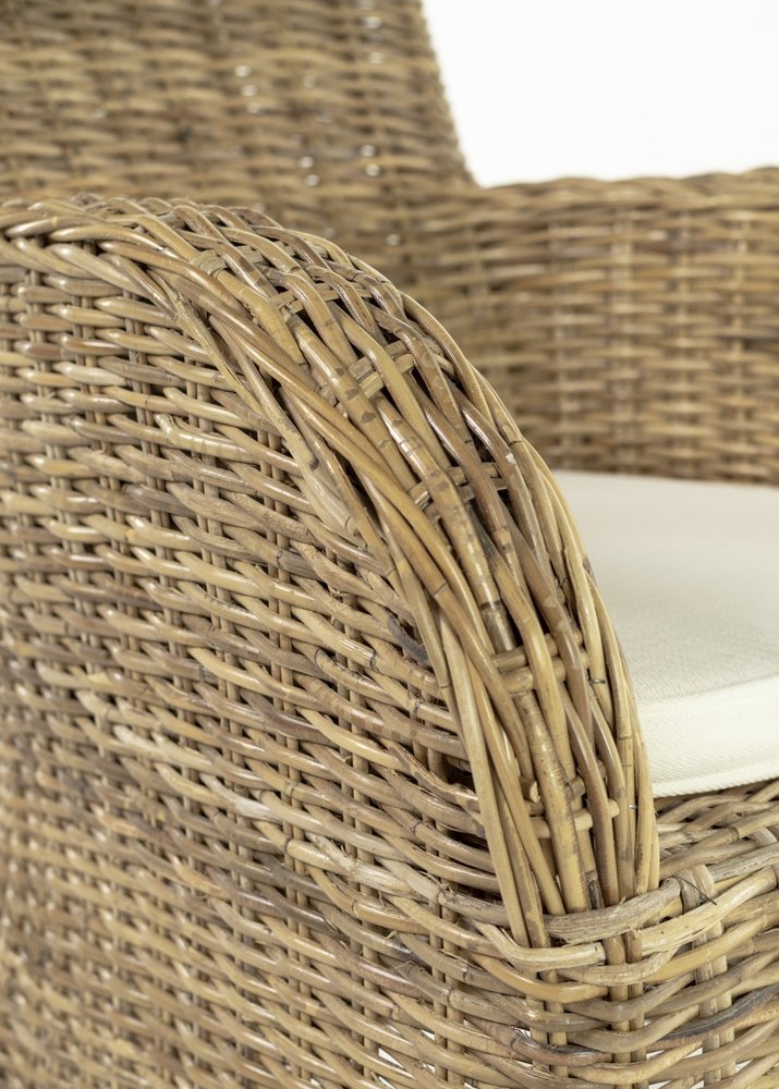 Set of Two Tan Textured Outdoor Dining Chairs with Beige Cushions