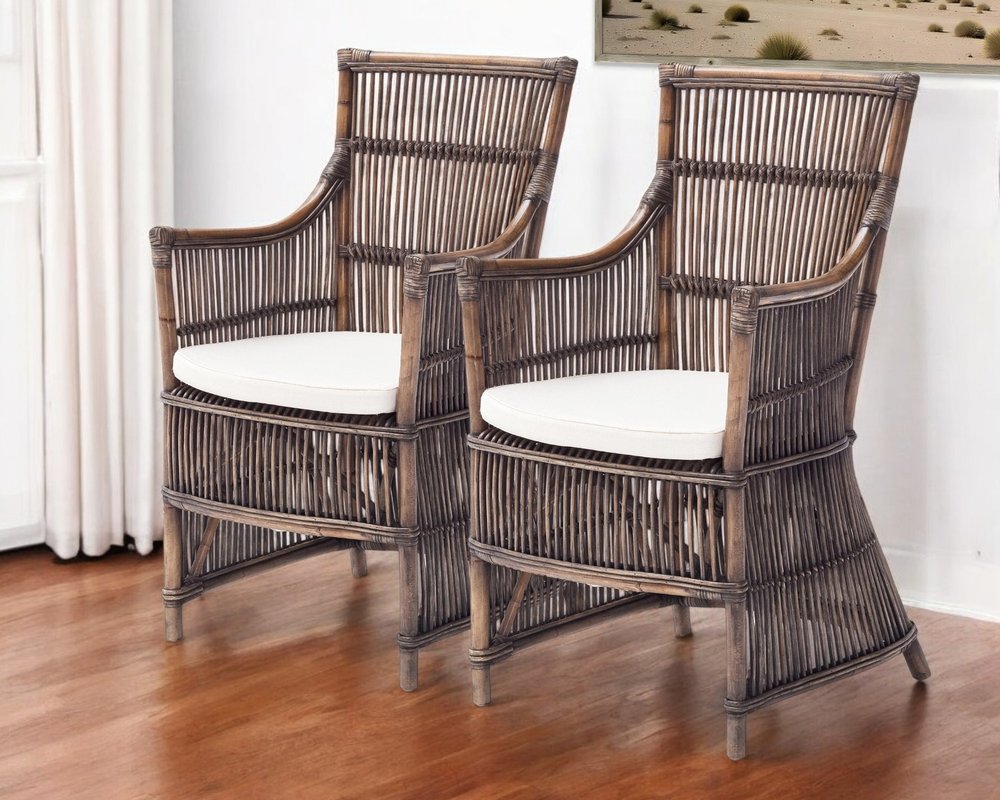 Set of Two Cream Rattan Outdoor Arm Chairs